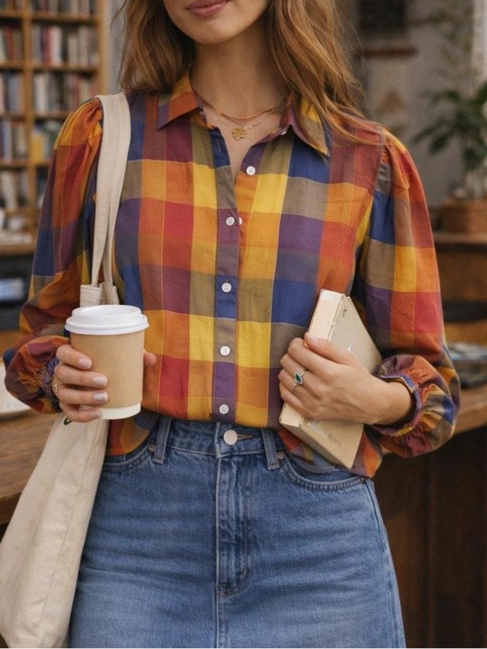 Aritzia Style Plaid Button-Front Blouse in Yellow, Blue & Rust